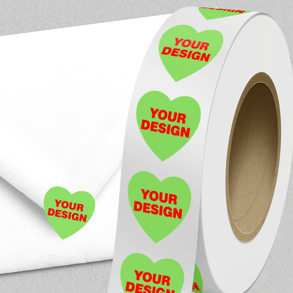 Neon Green 2 x 2 Inch Roll of Heart Shaped Labels - Wedding Anniversary Valentine's Day Bright Adhesive