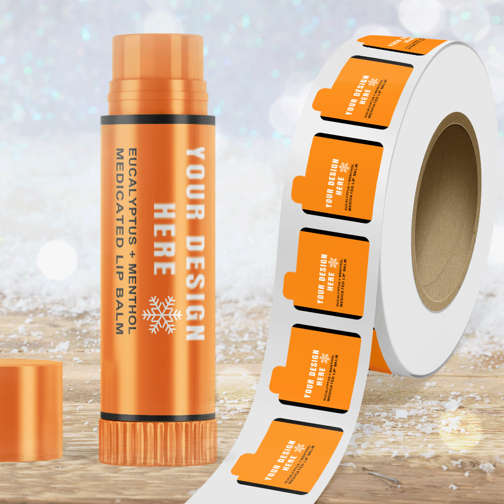 Neon Orange 2 1/8 x 2 1/8 Inch Roll of Lip Balm Shaped Labels - Cosmetic Bright Adhesive