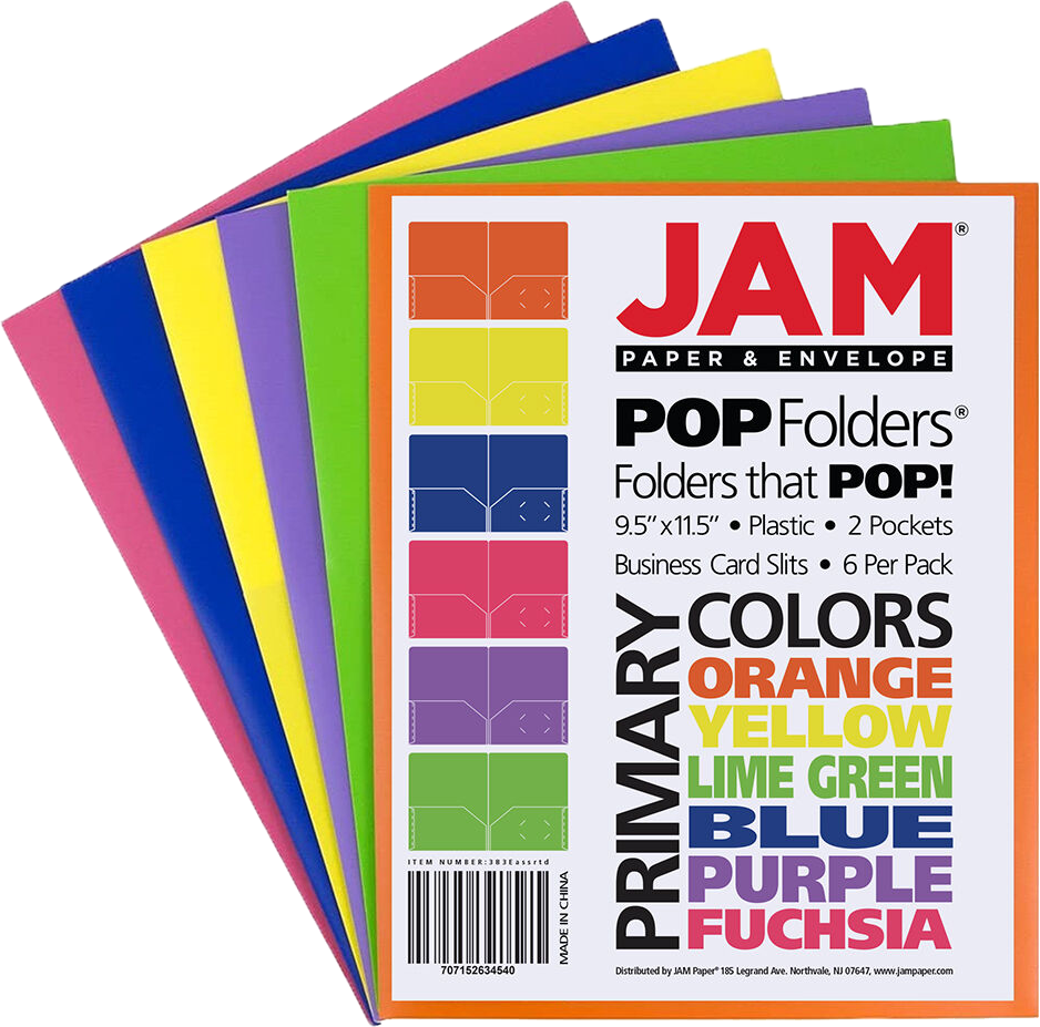 Assorted Primary 9 x 12 Plastic Pop Folders - 6 Pack