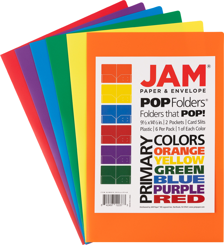 Assorted Primary Plastic Pop Folders Legal 9 x 14 1/2 - 6 Pack