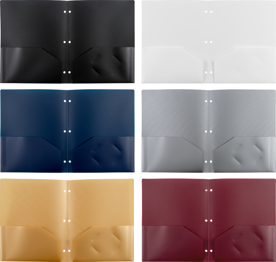 Assorted Professional 9 x 12 Plastic Heavy Duty 3 Hole Punch Folders - 6 Pack