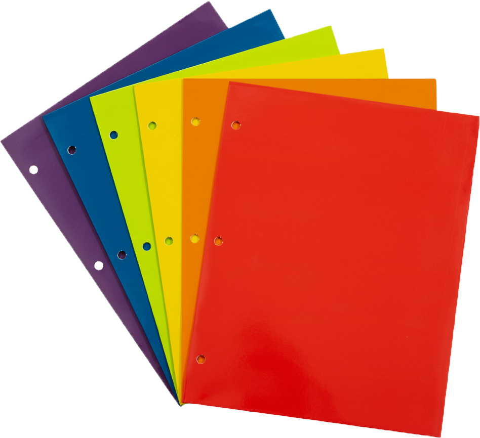 Assorted Primary 9 x 12 Glossy 3 Hole Punch Folders - 6 Pack