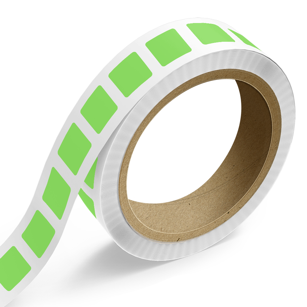 Neon Green 1 1/2 x 1 1/2 Inch Roll of Square Labels - Bright Adhesive