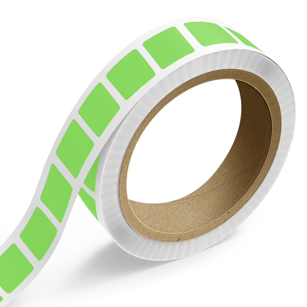 Neon Green 1 3/4 X 1 3/4 Inch Roll of Square Labels - Bright Adhesive