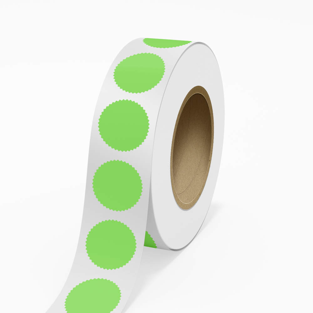 Neon Green 2 1/4 Inch Roll of Burst Shaped Labels - Sales Certificate Bright Adhesive