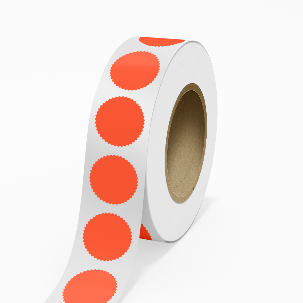 Neon Red 2 1/4 Inch Roll of Burst Shaped Labels - Sales Certificate Bright Adhesive