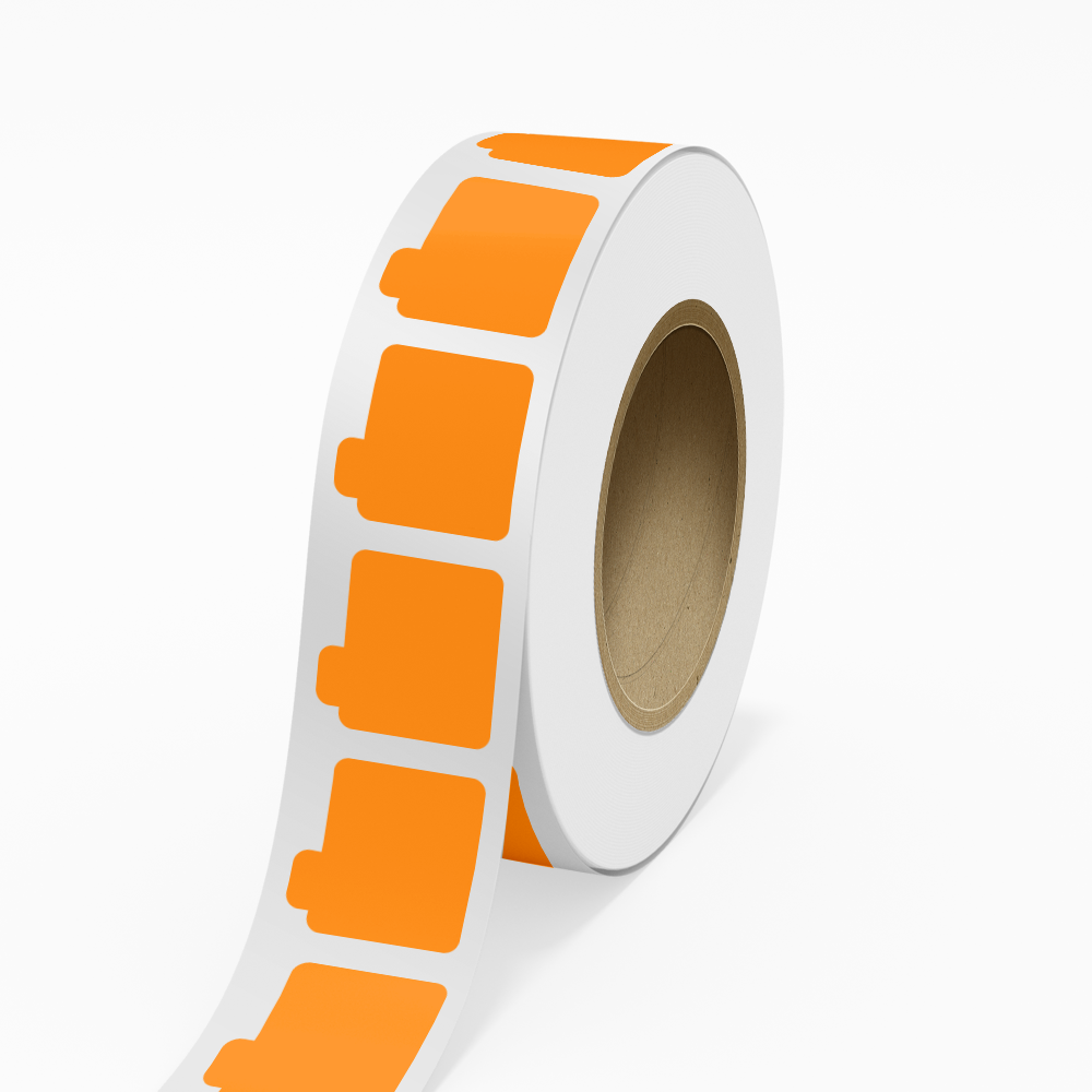 Neon Orange 2 1/8 x 2 1/8 Inch Roll of Lip Balm Shaped Labels - Cosmetic Bright Adhesive