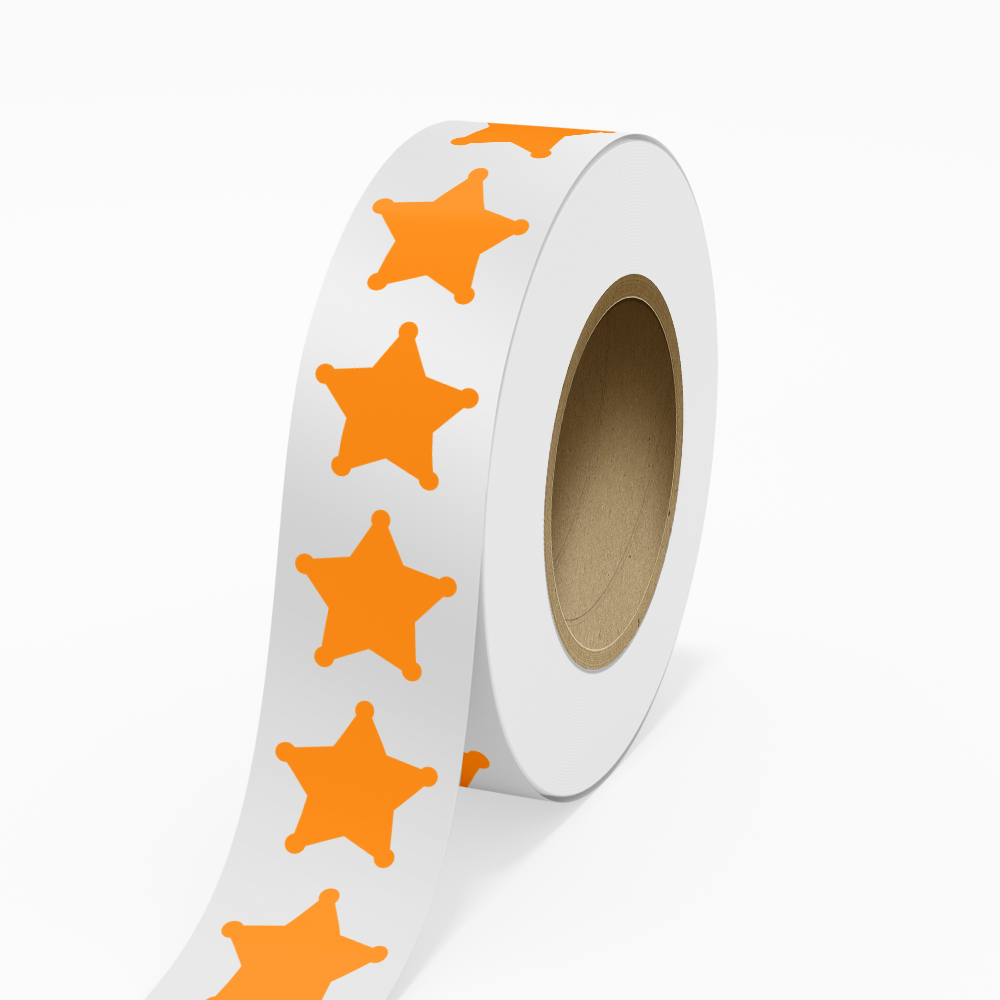 Neon Orange 2 3/4 x 2 3/4 Inch Roll of Sheriff Star Shaped Labels - Toy Packaging Bright Adhesive
