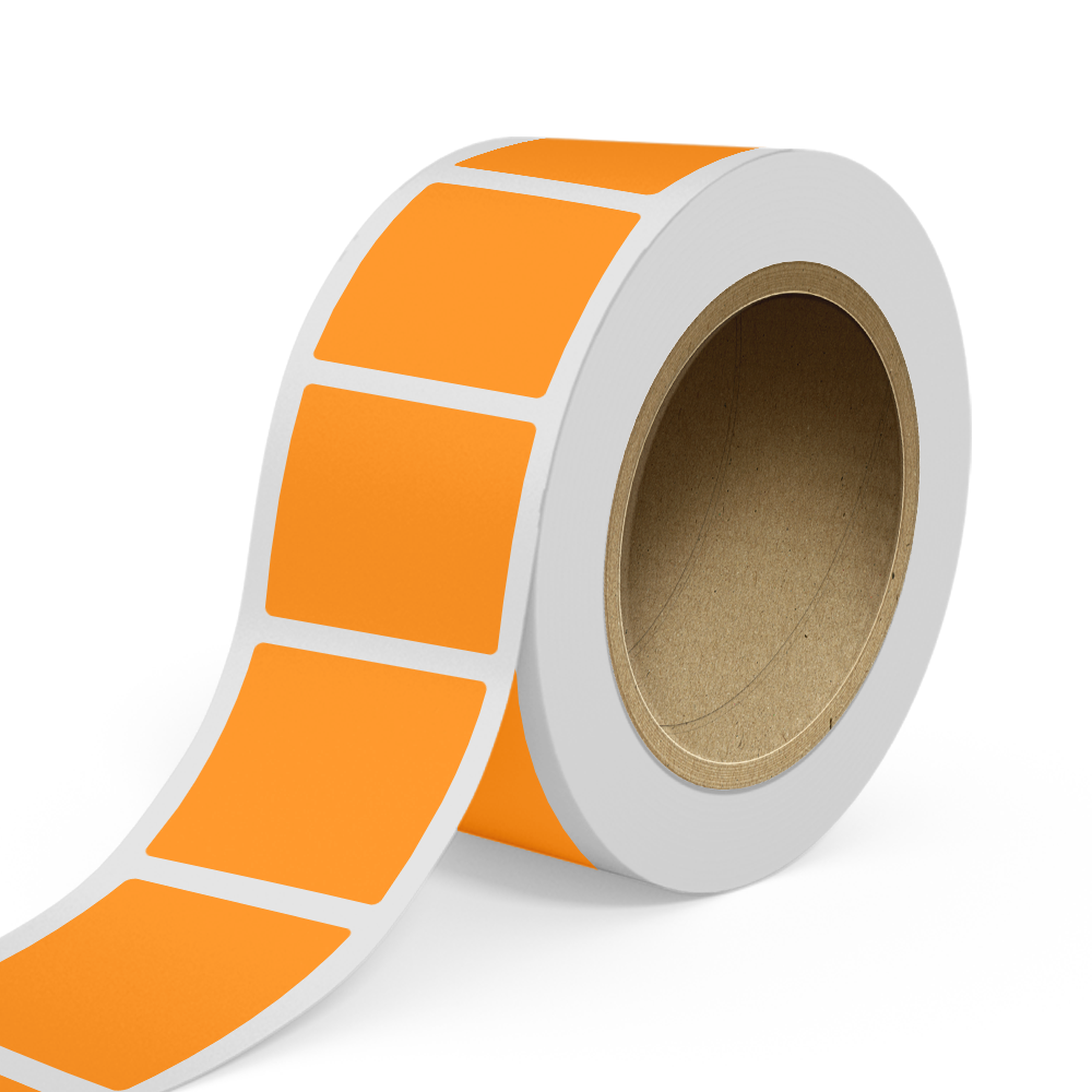 Neon Orange 3 1/2 x 3 1/2 Inch Roll of Square Labels - Bright Adhesive