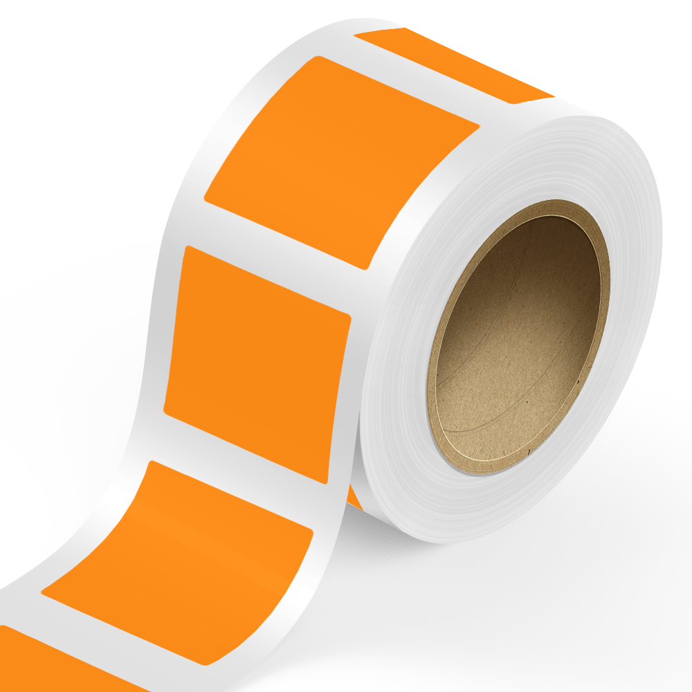 Neon Orange 4 x 4 Inch Roll of Square Labels - Bright Adhesive