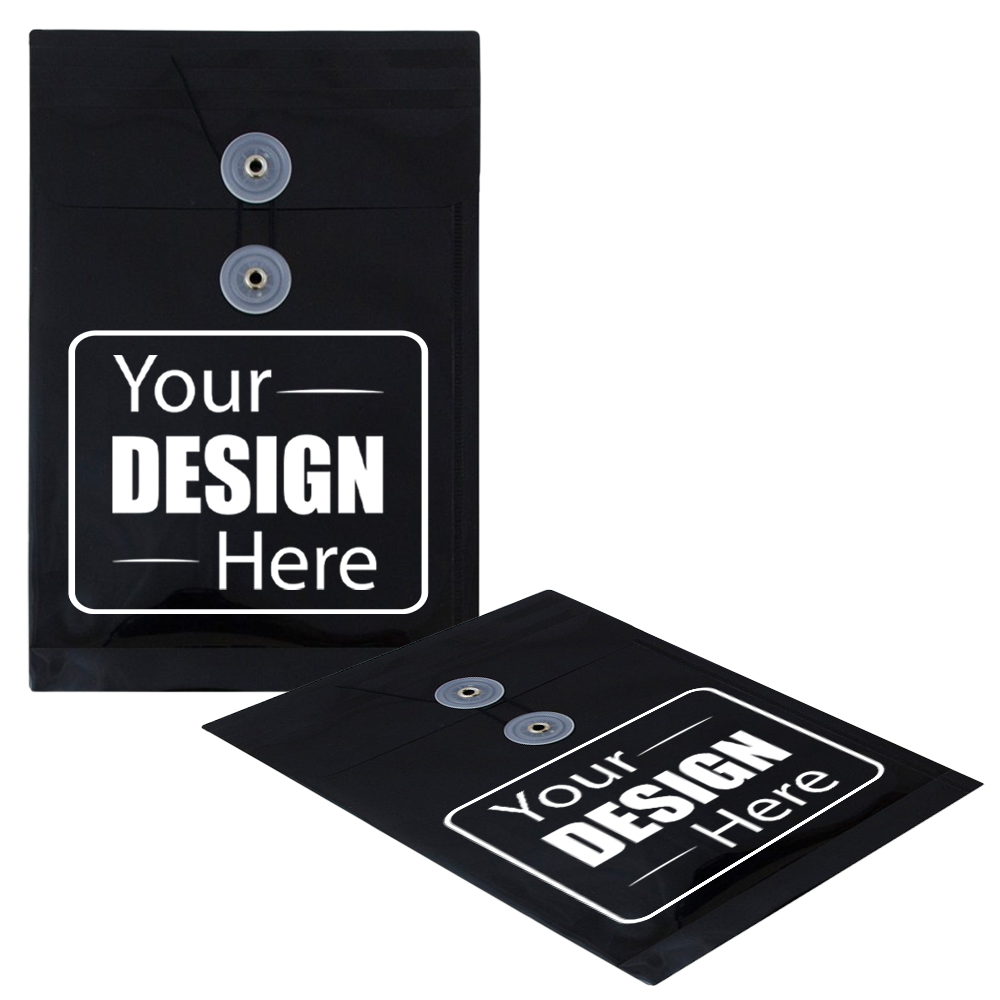 Black 6 1/4 x 9 1/4 Open End Plastic Envelopes with Button & String
