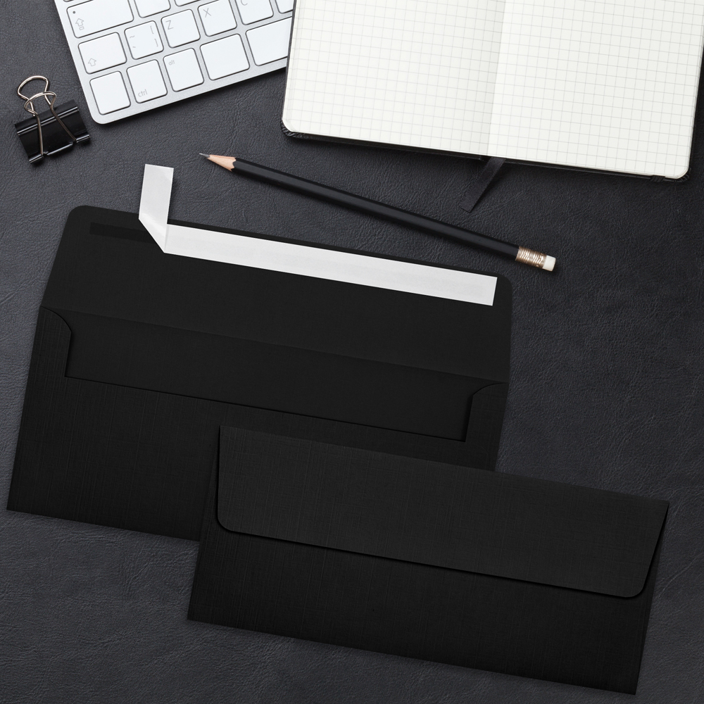 Black Linen 32lb #10 Square Flap Envelopes (4 1/8 x 9 1/2) with Peel & Seal