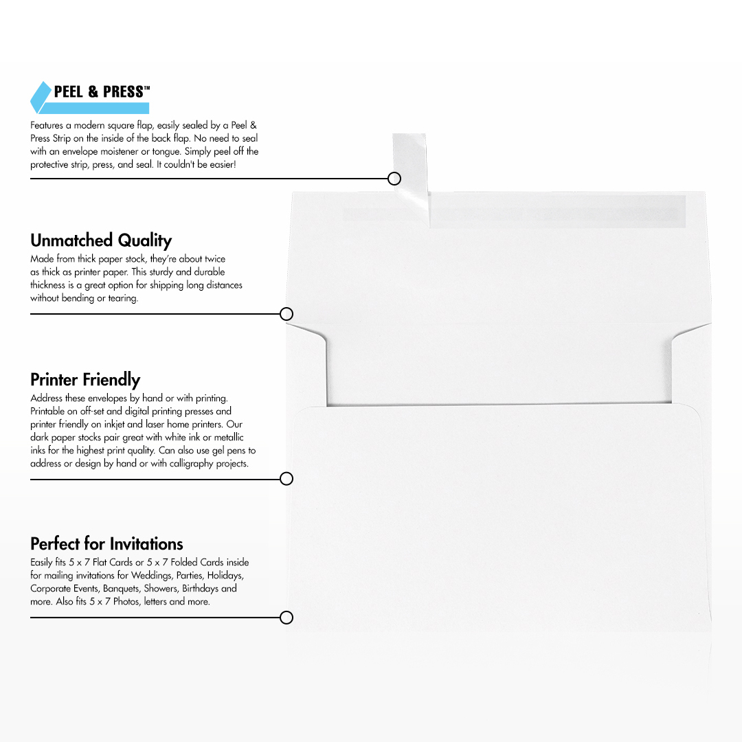 White 100% Cotton 32lb A7 Invitation Envelopes (5 1/4 x 7 1/4) with Peel & Seal