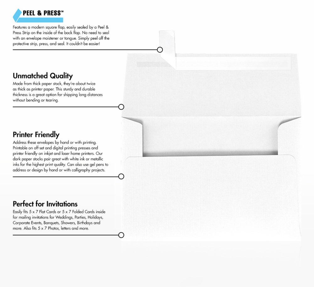 White Linen 32lb A7 Invitation Envelopes (5 1/4 x 7 1/4) with Peel & Seal