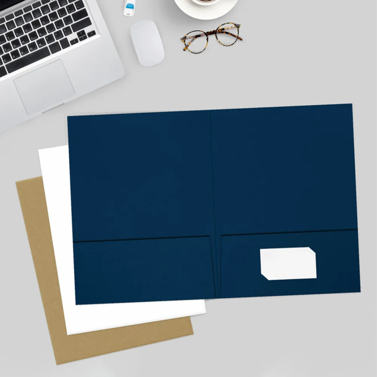 Nautical Navy Blue Linen 9 x 12 Folders with Front Cover Lower Right Card Slits