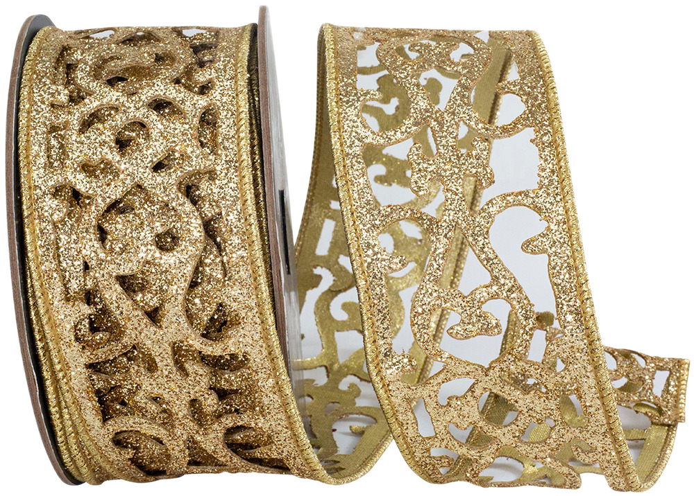 Gold Scroll Glitter Opulence Cut Out 2 1/2 Inch x 10 Yards Wired Edge Ribbon