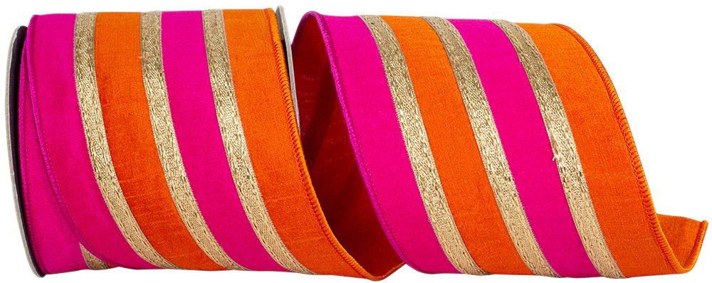 Orange/Fuchsia Stripe Trimming Overlay 4 Inch x 5 Yards Dupioni Deluxe Wired Edge Ribbon