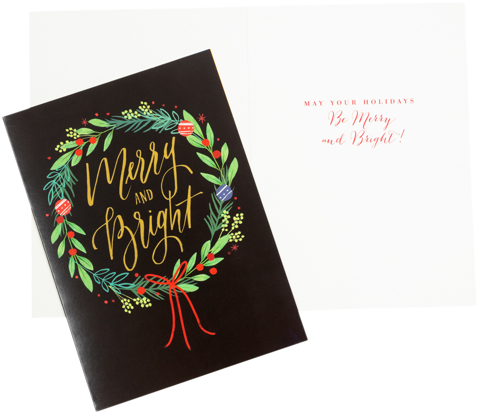 Merry & Bright Christmas Wreath Cards - 16 Pack