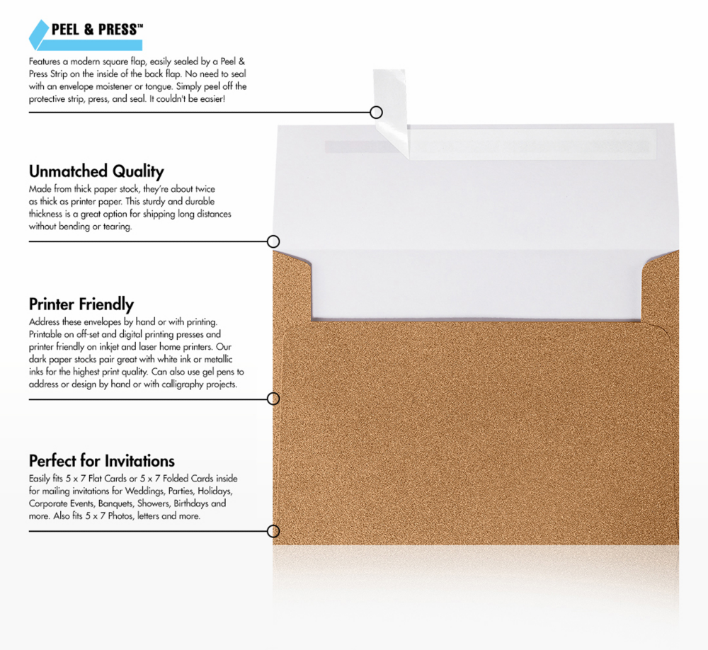 Rose Gold Sparkle 90lb A7 Invitation Envelopes (5 1/4 x 7 1/4) with Peel & Seal