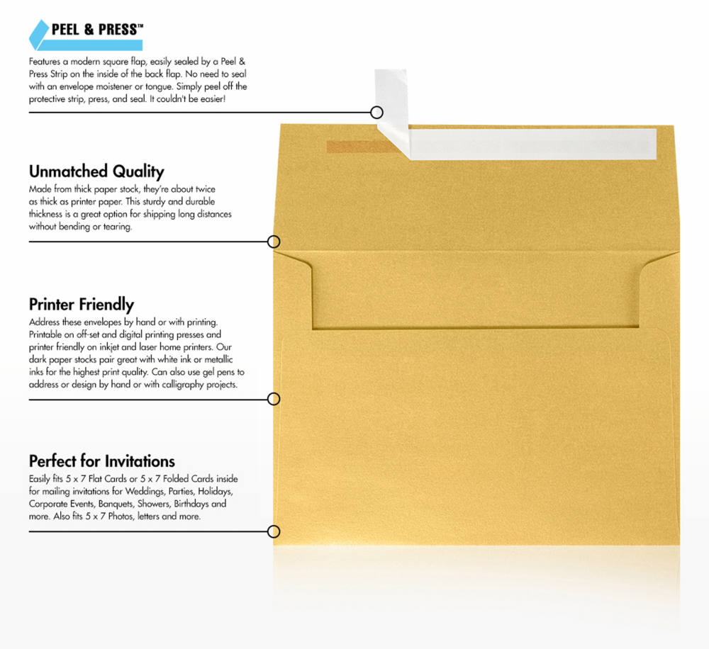 Gold Metallic 32lb A7 Invitation Envelopes (5 1/4 x 7 1/4) with Peel & Seal