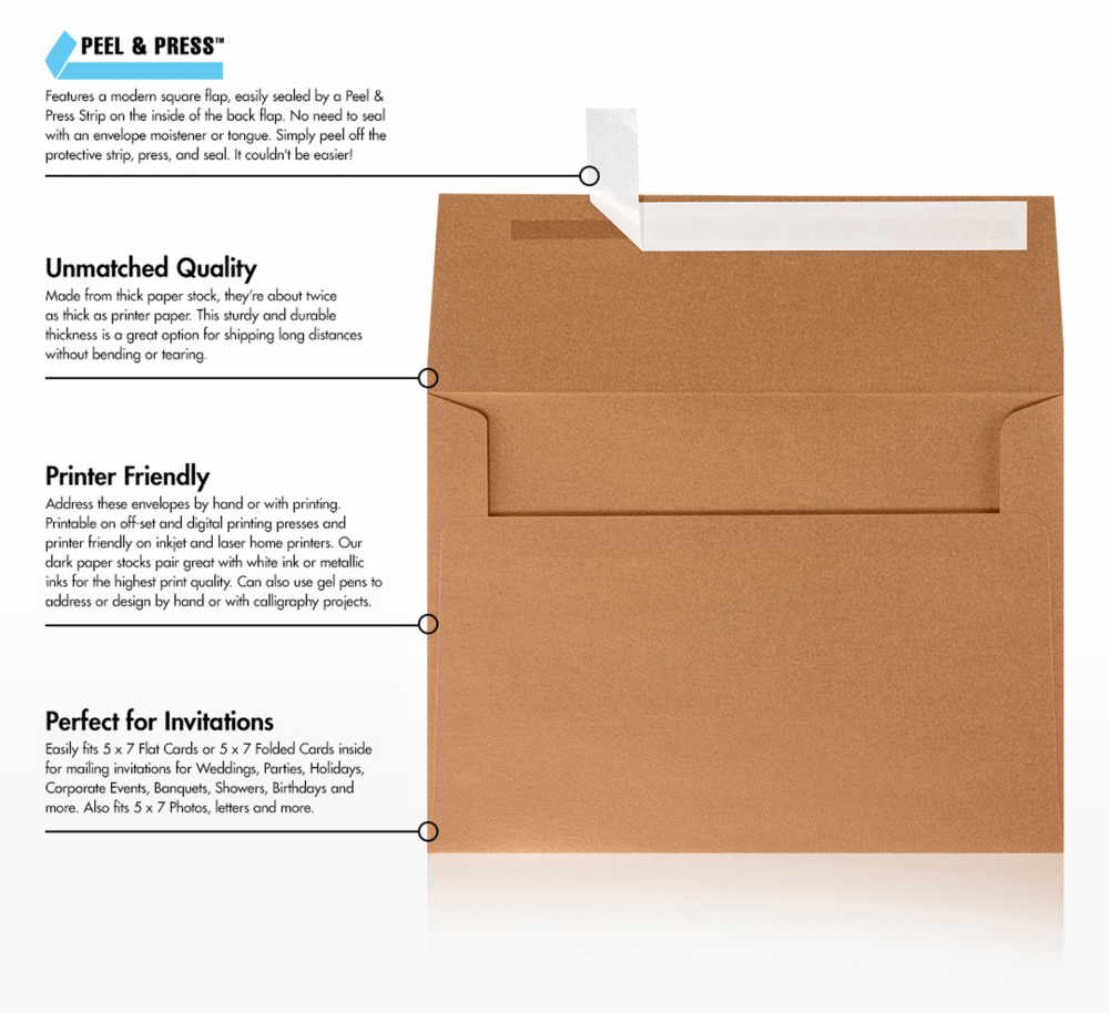 Copper Brown Metallic 32lb A7 Invitation Envelopes (5 1/4 x 7 1/4) with Peel & Seal