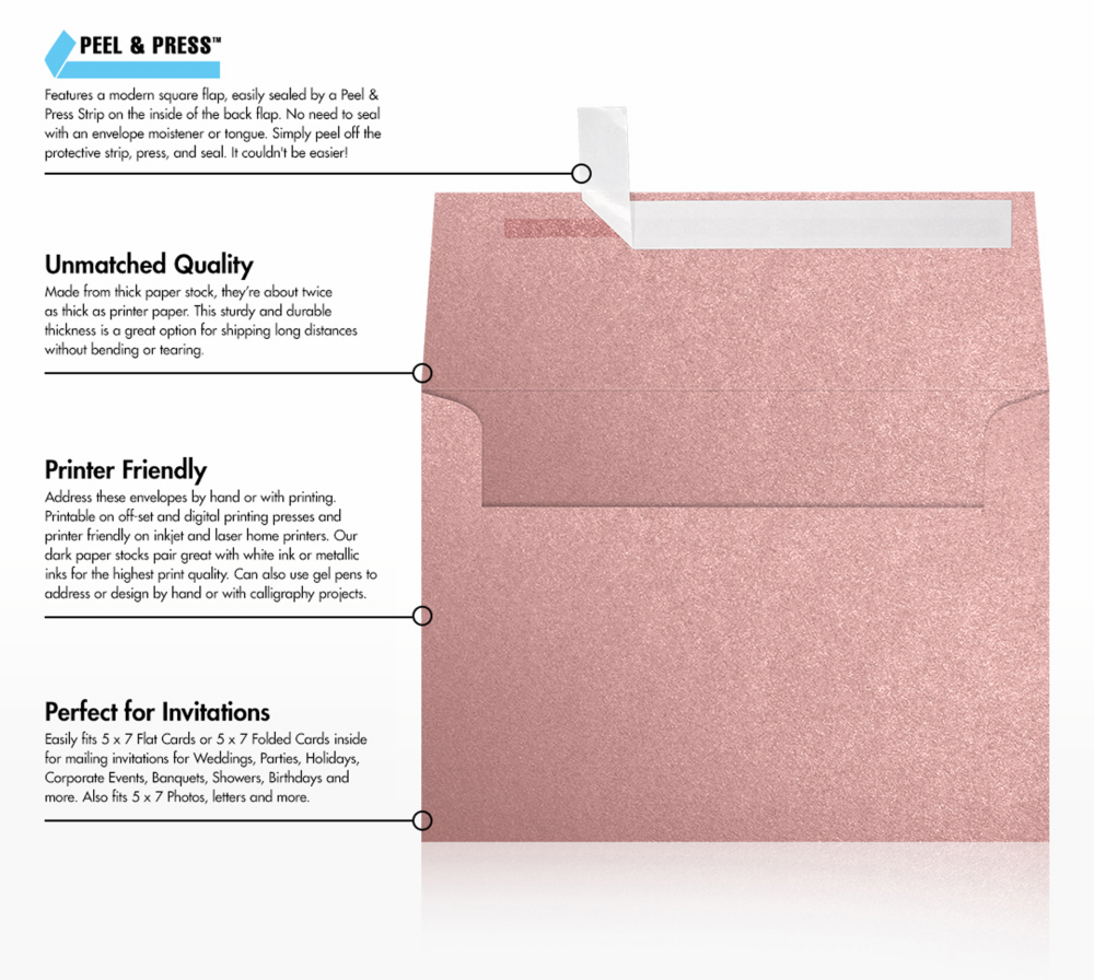 Misty Rose Pink Metallic 84lb A7 Invitation Envelopes (5 1/4 x 7 1/4) with Peel & Seal