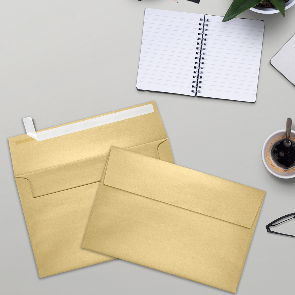 Light Gold Blonde Metallic 32lb A9 Invitation Envelopes (5 3/4 x 8 3/4) with Peel & Seal