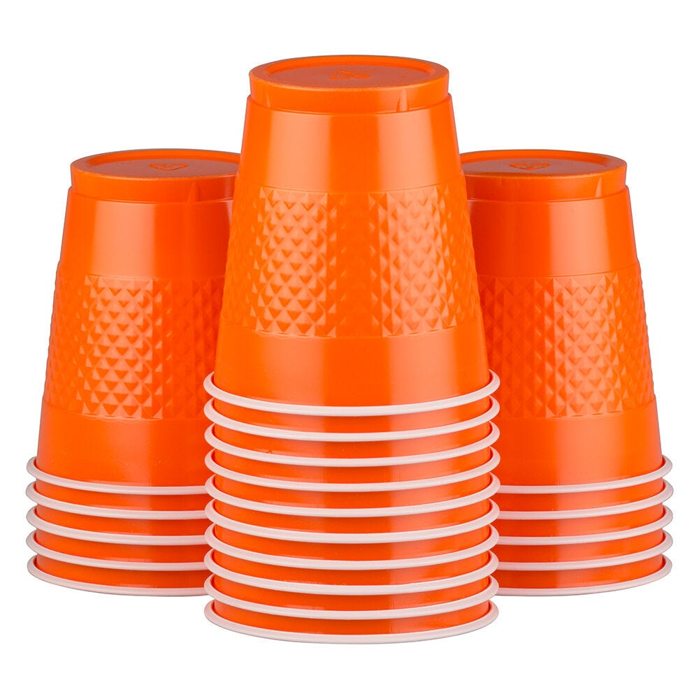 Green and Orange Party Tableware Kit (Small and Medium Plastic Plates, Lunch and Beverage Napkins, Plastic Cups, and Plastic Tablecovers) - 160 Pack