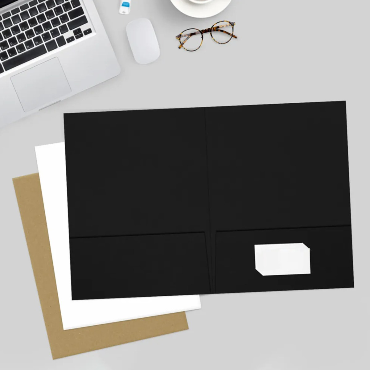 Black Linen 9 x 12 Folders with Front Cover Lower Right Card Slits
