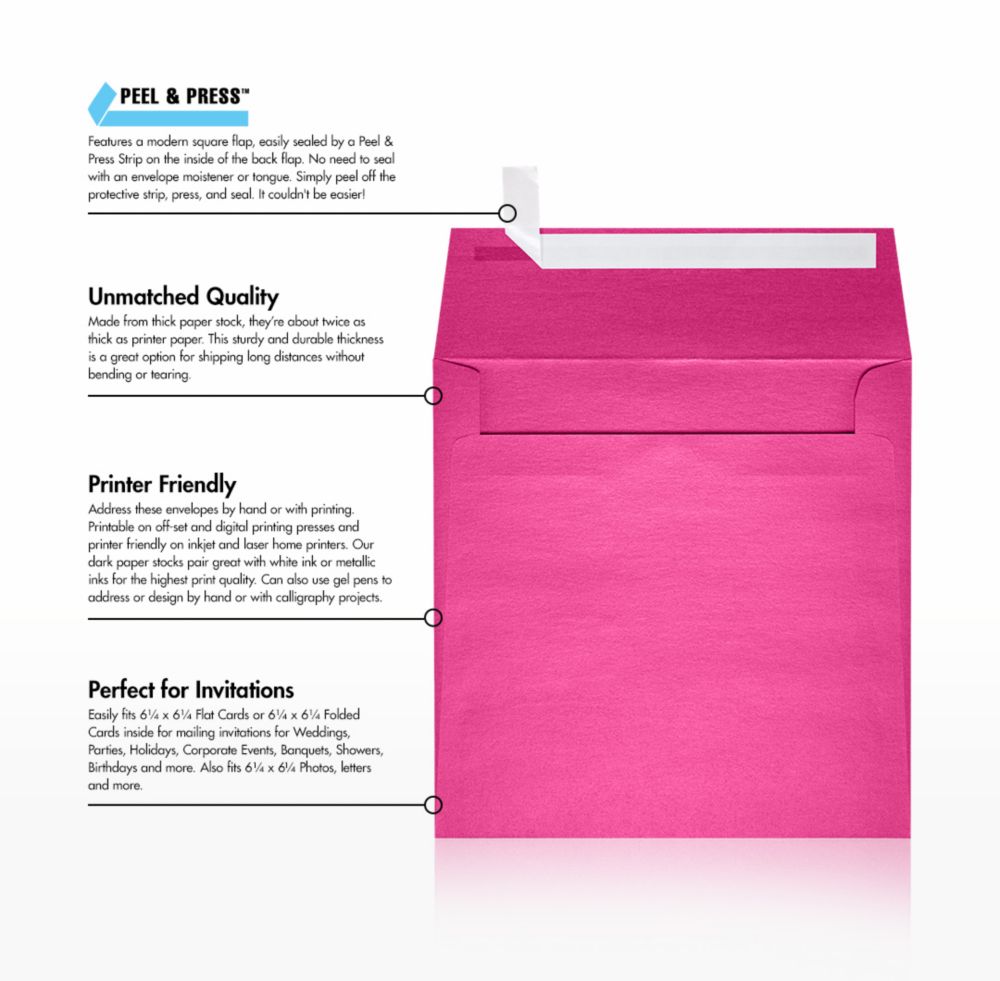 Azalea Fuchsia Pink Metallic 32lb 6 1/2 x 6 1/2 Square Envelopes with Peel & Seal