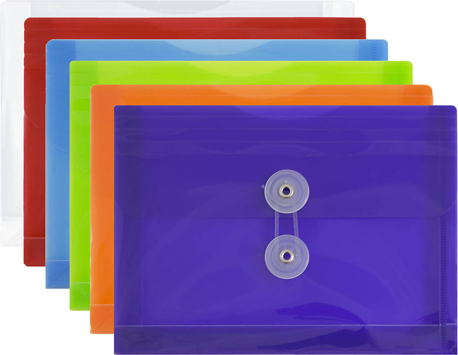 Assorted 5 1/2 x 7 1/2 Index Booklet Plastic Envelopes with Button & String - 6 Pack