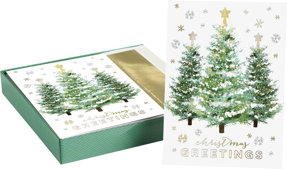 Gold Christmas Tree Trio Holiday Cards - 16 Pack