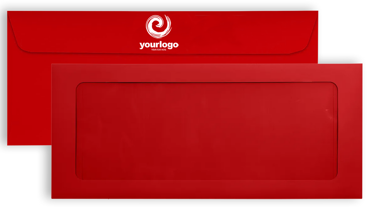 Red 32lb #10 Full Face Window Envelopes (4 1/8 x 9 1/2) with Peel & Seal