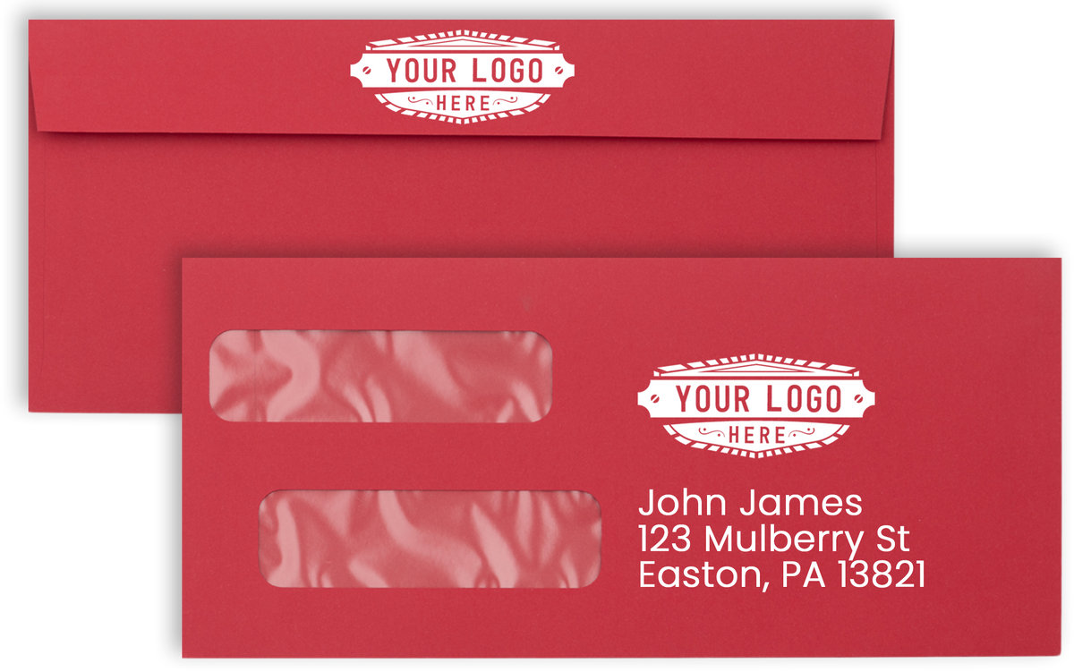 Red 32lb #10 Invoice Double Window (4 1/8 x 9 1/8) Envelopes with Peel & Seal