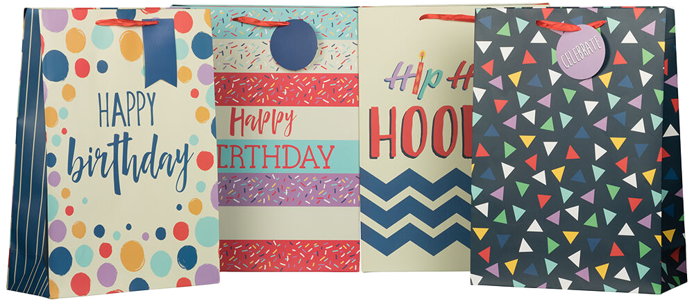 Assorted Shapes Jumbo Gift Bags (13 x 18 x 5) - 12 Pack (12 Bags- 4 Designs)