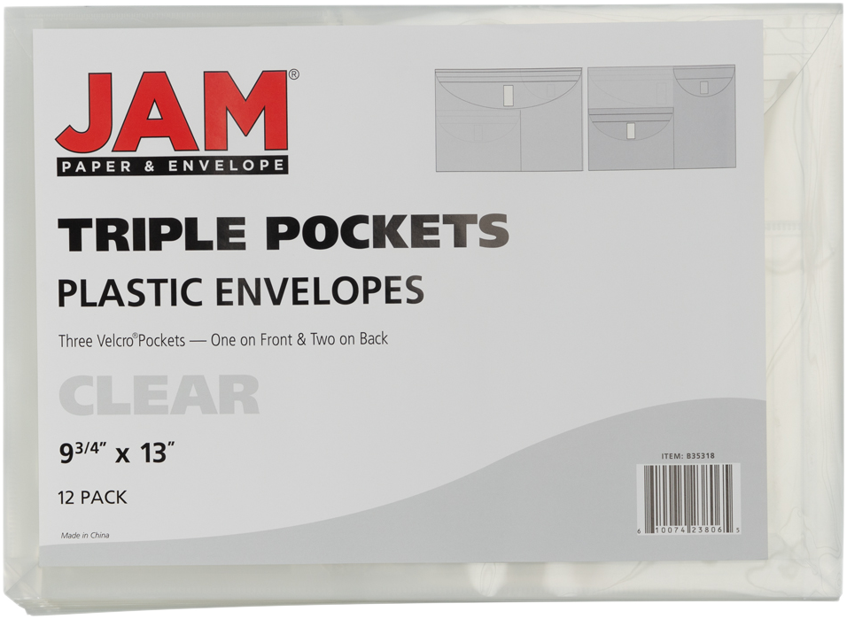 Clear Letter Booklet 3 Pocket Plastic Envelopes (9 3/4 x 13) with Hook and Loop Closure