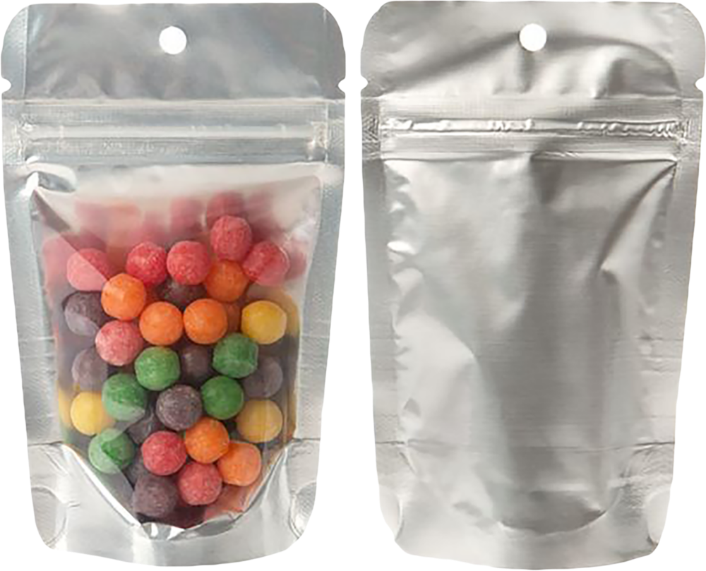 Silver Stand Up Zipper Pouches with Hang Hole (3 1/8 x 2 x 5 1/8) - 100 Pack