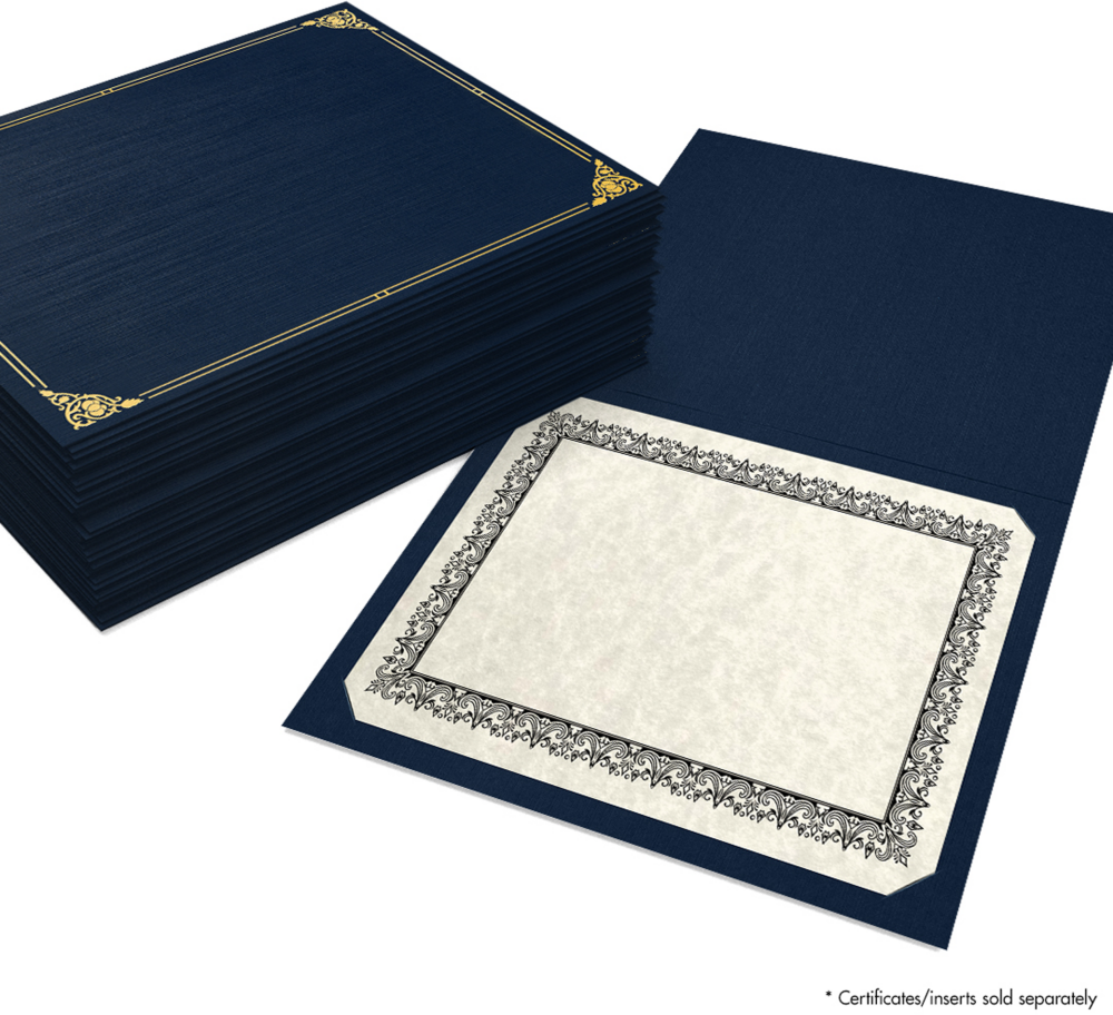 Nautical Navy Blue Linen with Gold Foil Floral Border 9 1/2 x 12 Certificate Holders