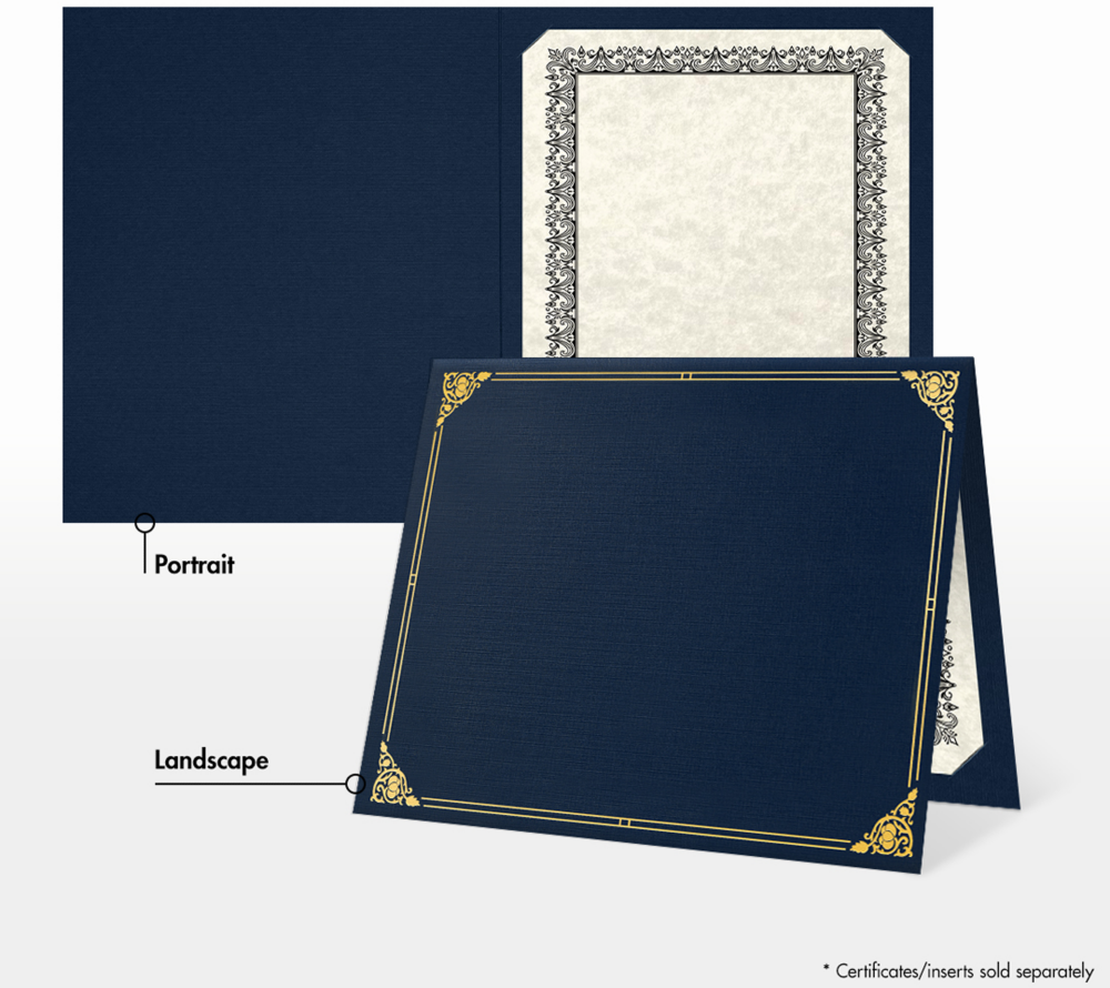 Nautical Navy Blue Linen with Gold Foil Floral Border 9 1/2 x 12 Certificate Holders