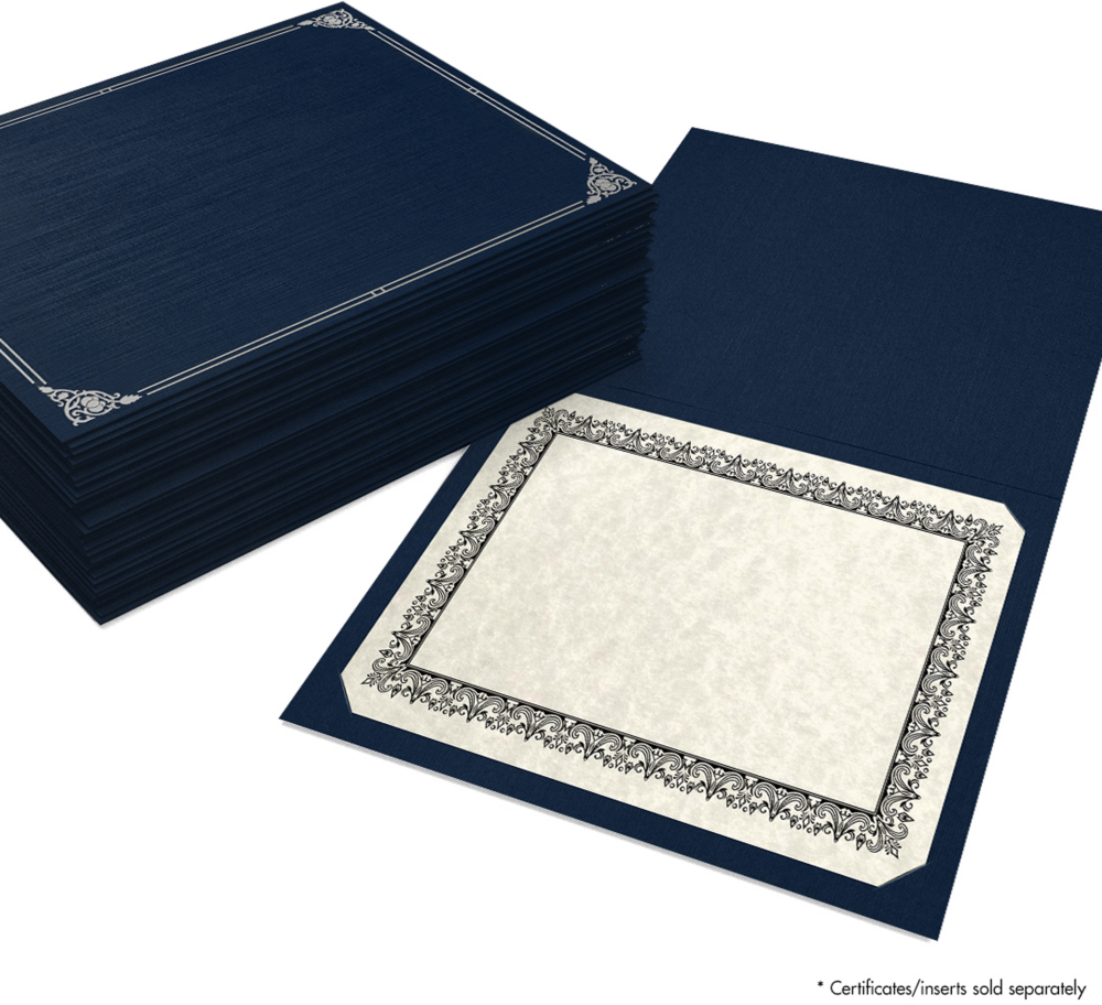 Nautical Navy Blue Linen with Silver Foil Floral Border 9 1/2 x 12 Certificate Holders