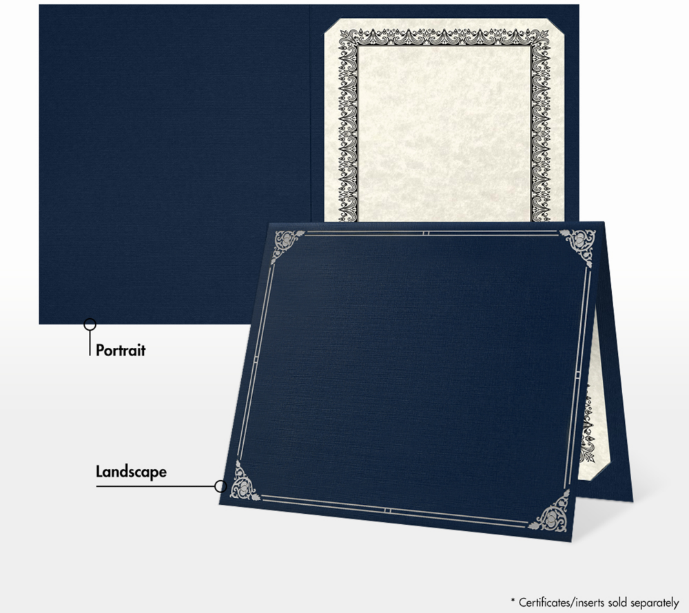 Nautical Navy Blue Linen with Silver Foil Floral Border 9 1/2 x 12 Certificate Holders