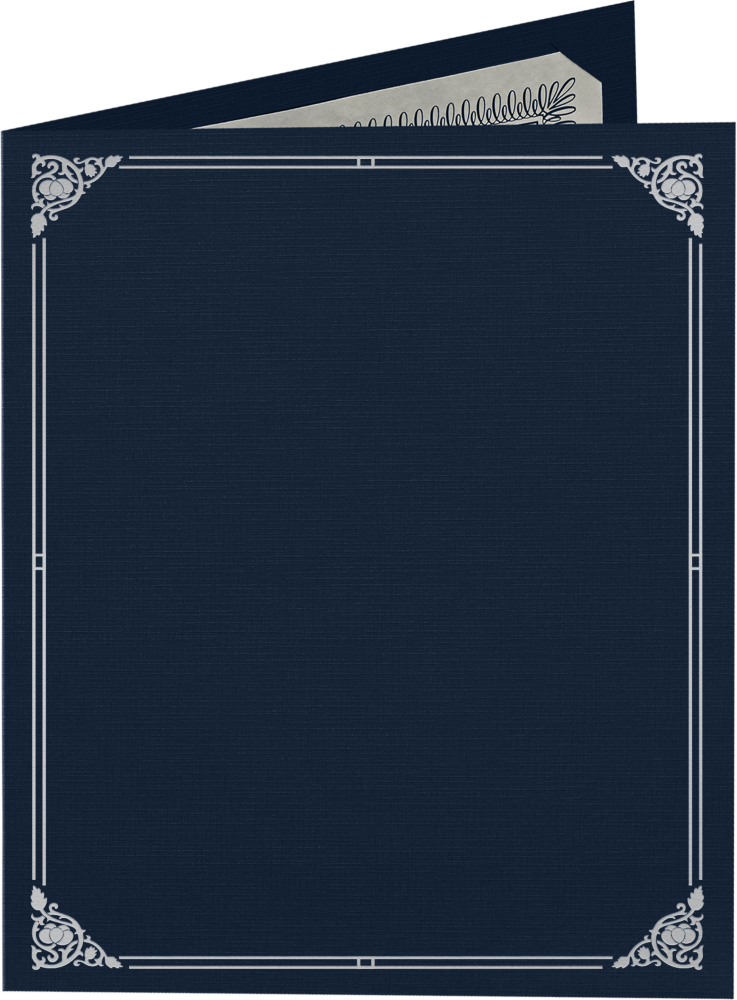 Nautical Navy Blue Linen with Silver Foil Floral Border 9 1/2 x 12 Certificate Holders