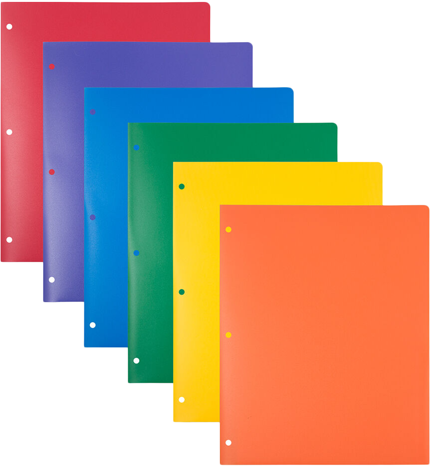 Assorted Primary 9 x 12 Plastic Heavy Duty 3 Hole Punch Folders - 6 Pack