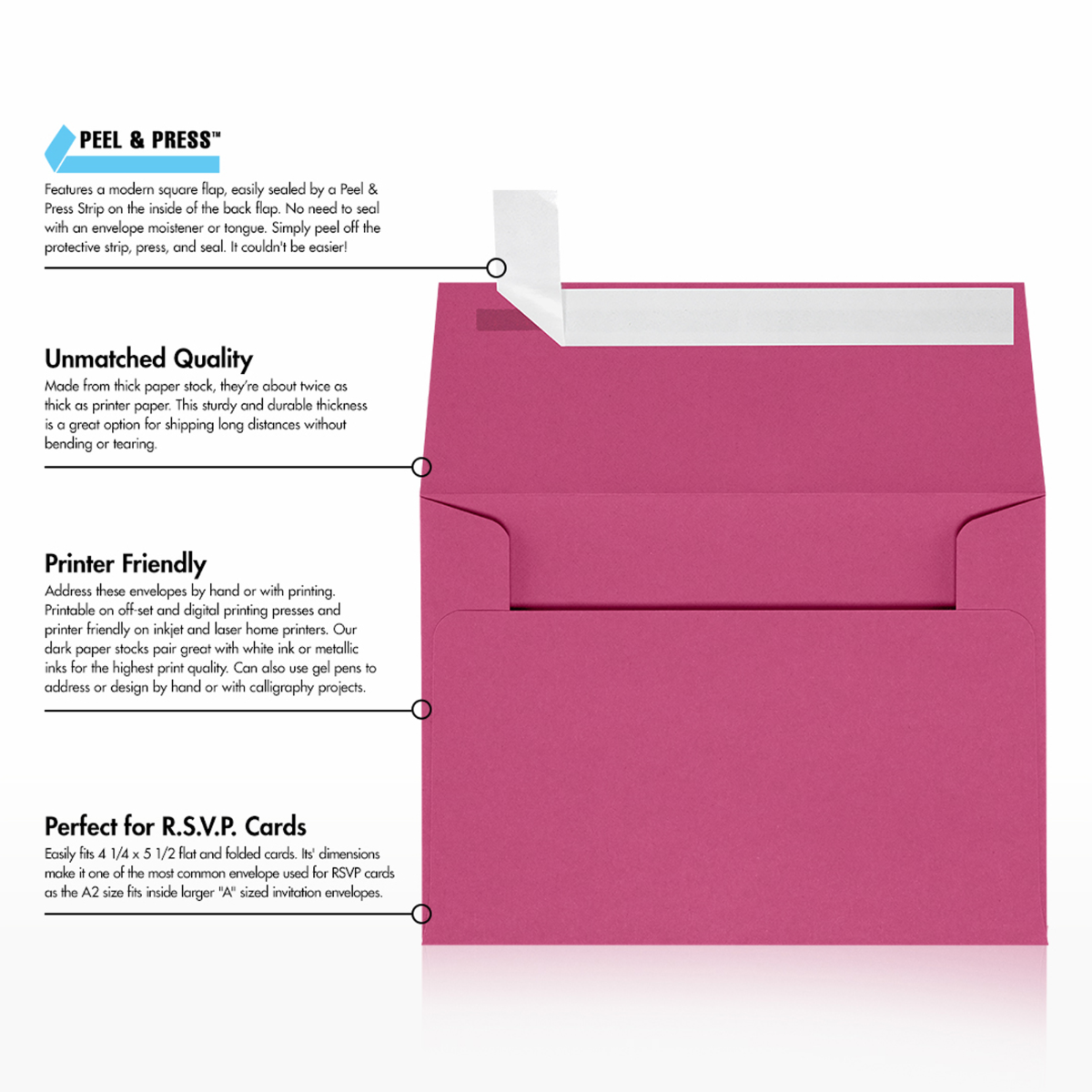 Fuchsia Pink Magenta 32lb A2 Invitation Envelopes (4 3/8 x 5 3/4) with Peel & Seal