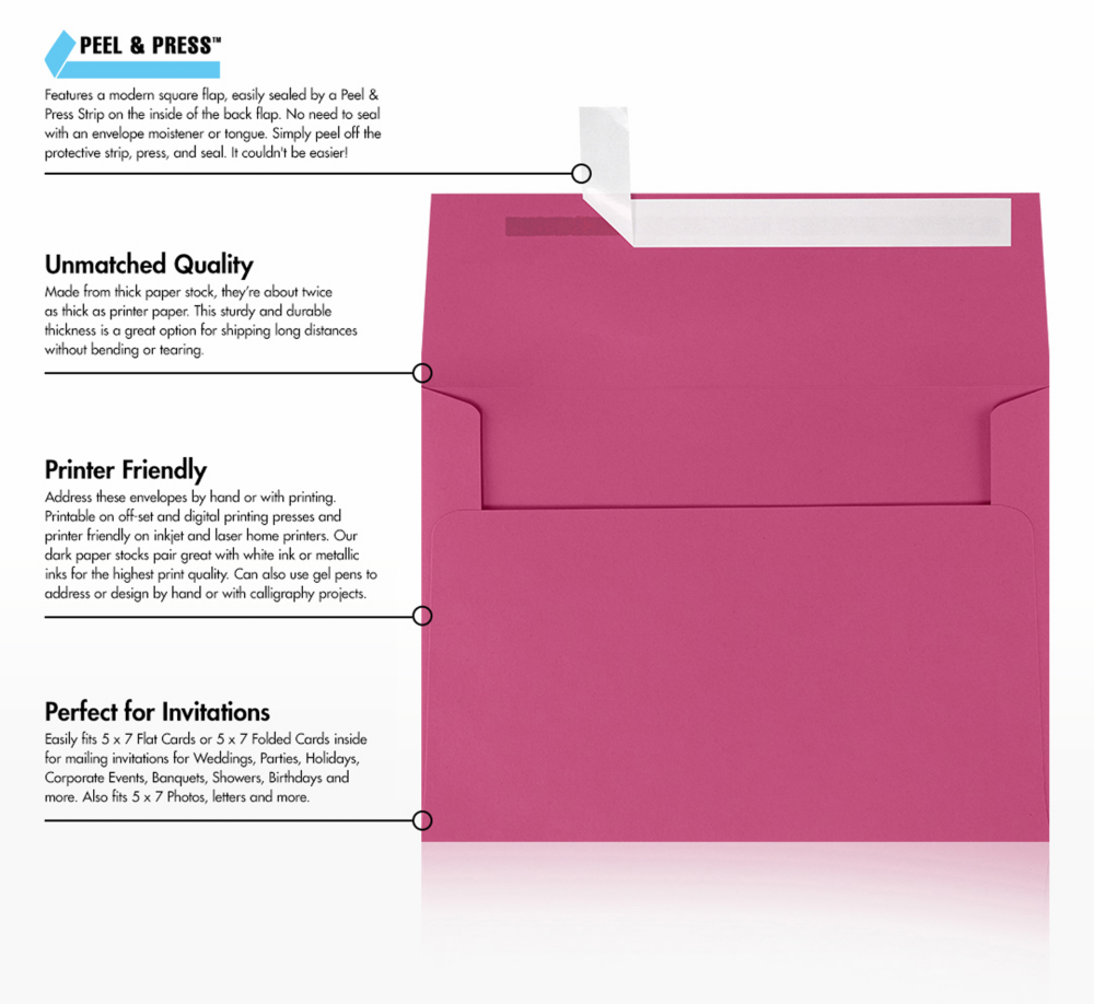 Fuchsia Pink Magenta 32lb A7 Invitation Envelopes (5 1/4 x 7 1/4) with Peel & Seal