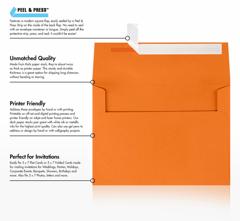 Mandarin Orange 32lb A7 Invitation Envelopes (5 1/4 x 7 1/4) with Peel & Seal