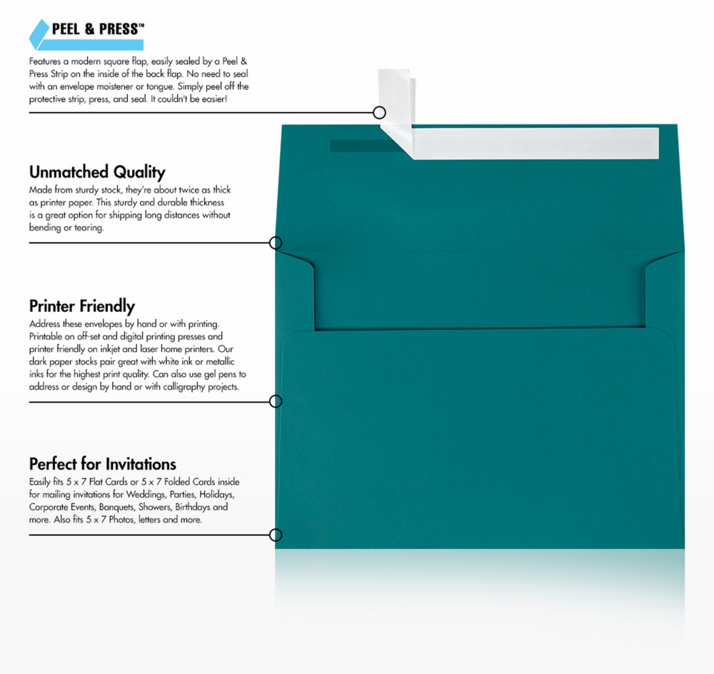Teal Blue 32lb A7 Invitation Envelopes (5 1/4 x 7 1/4) with Peel & Seal