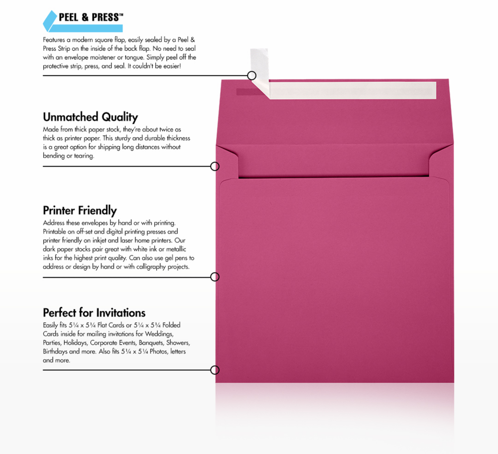 Fuchsia Pink Magenta 32lb 5 1/2 x 5 1/2 Square Envelopes with Peel & Seal
