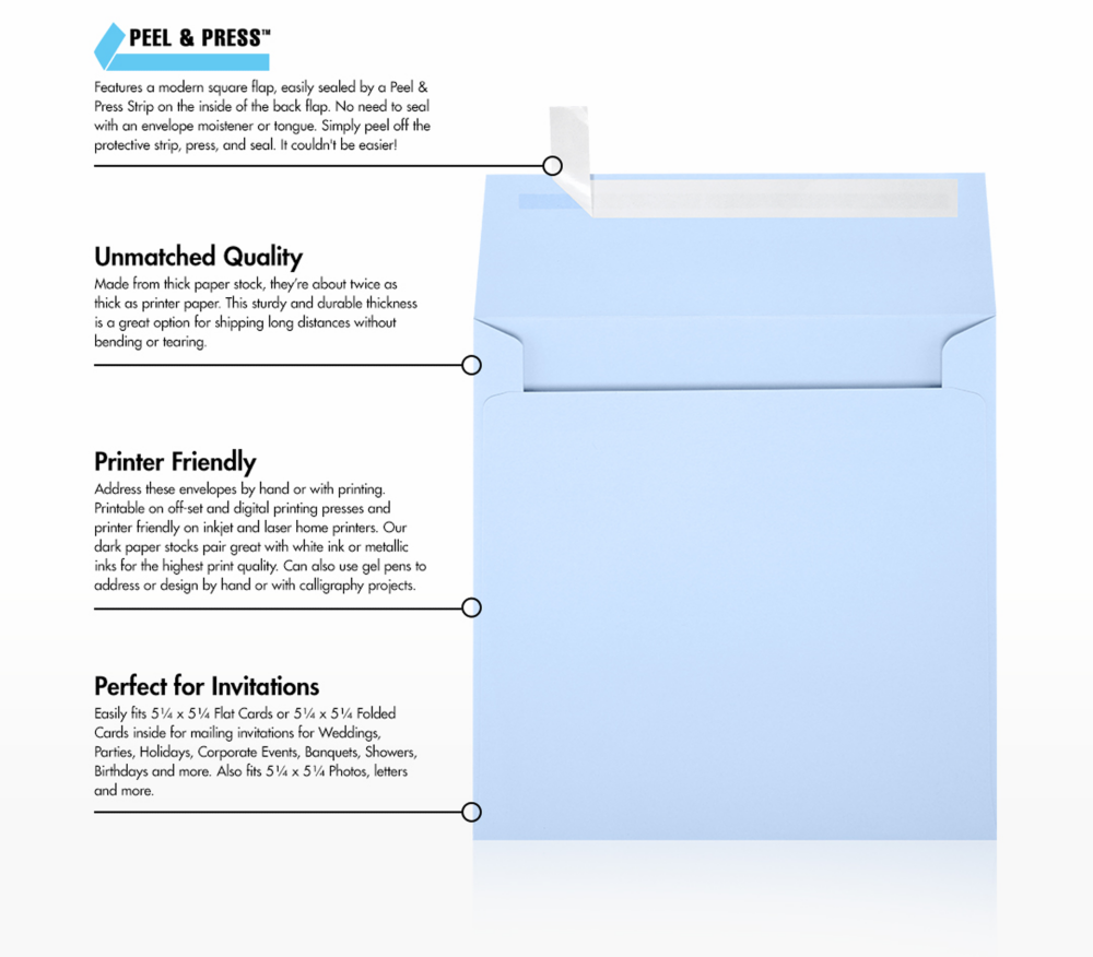 Baby Blue 32lb 5 1/2 x 5 1/2 Square Envelopes with Peel & Seal