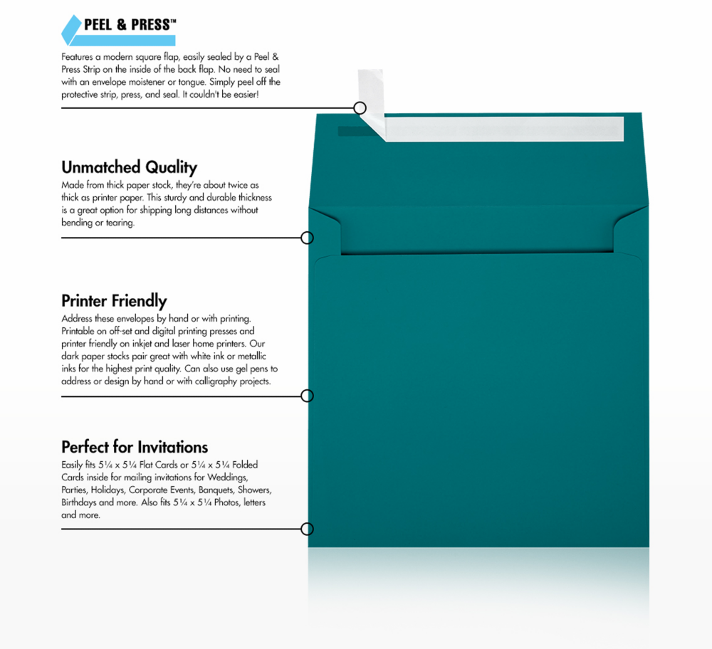 Teal Blue 32lb 5 1/2 x 5 1/2 Square Envelopes with Peel & Seal